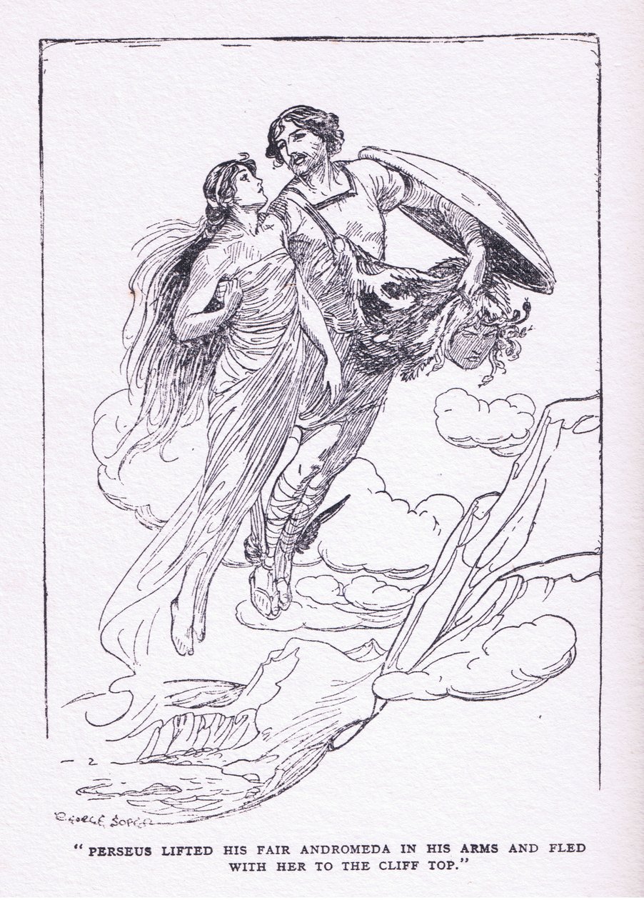 Perseus hob seine schöne Andromeda in seine Arme und floh mit ihr zu den Klippen, aus The Heroes, veröffentlicht von George Allen und Unwin 1929 von George Soper