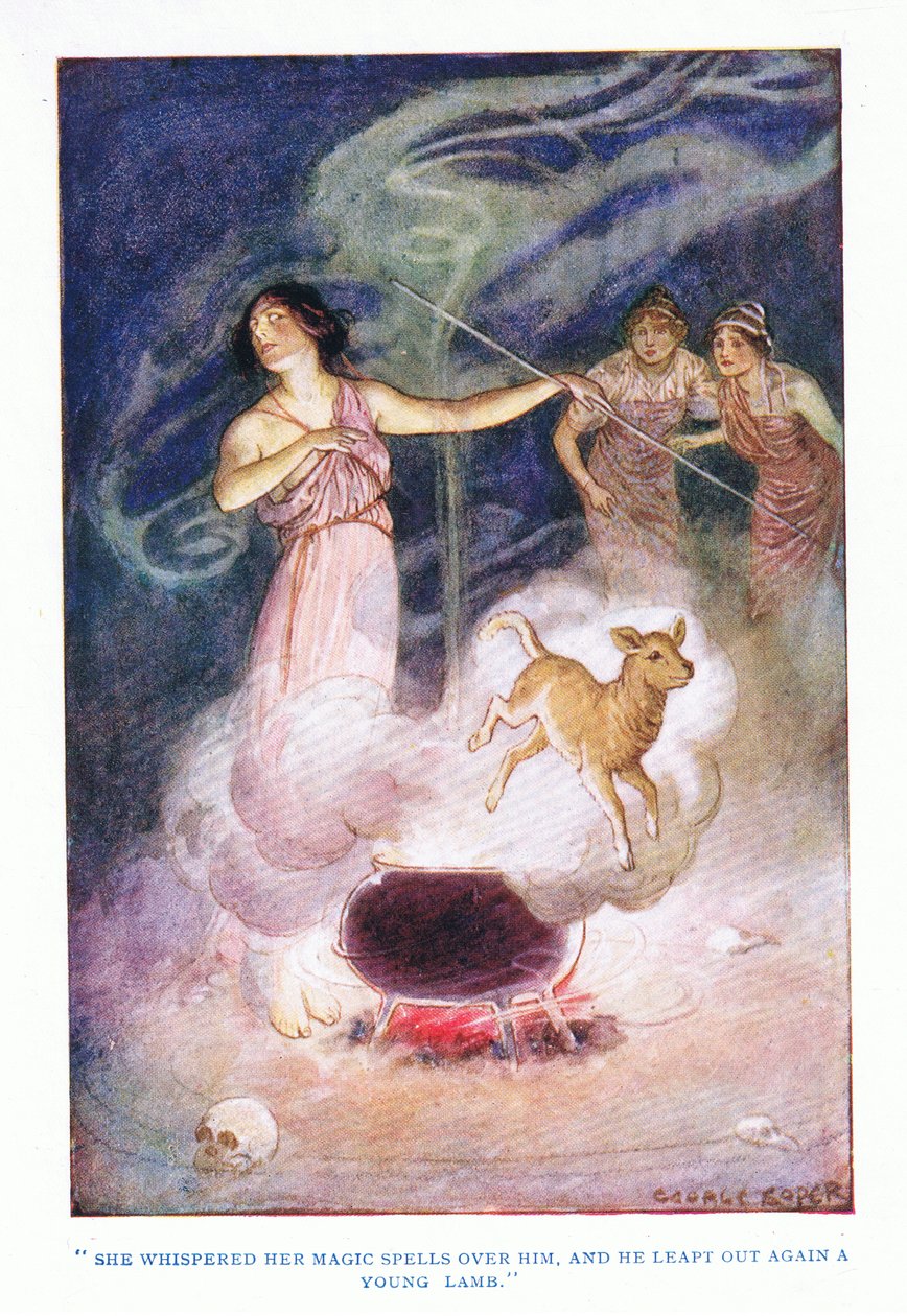 Sie flüsterte ihre Zaubersprüche über ihn, und er sprang wieder als junges Lamm heraus, aus Die Helden, veröffentlicht von George Allen und Unwin 1929 von George Soper