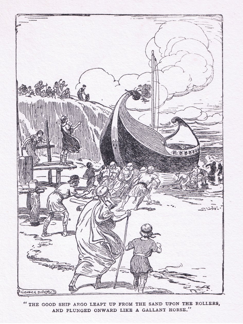 Das gute Schiff Argo sprang von den Sandrollen und stürzte vorwärts wie ein tapferes Pferd, aus The Heroes, veröffentlicht von George Allen und Unwin 1929 von George Soper