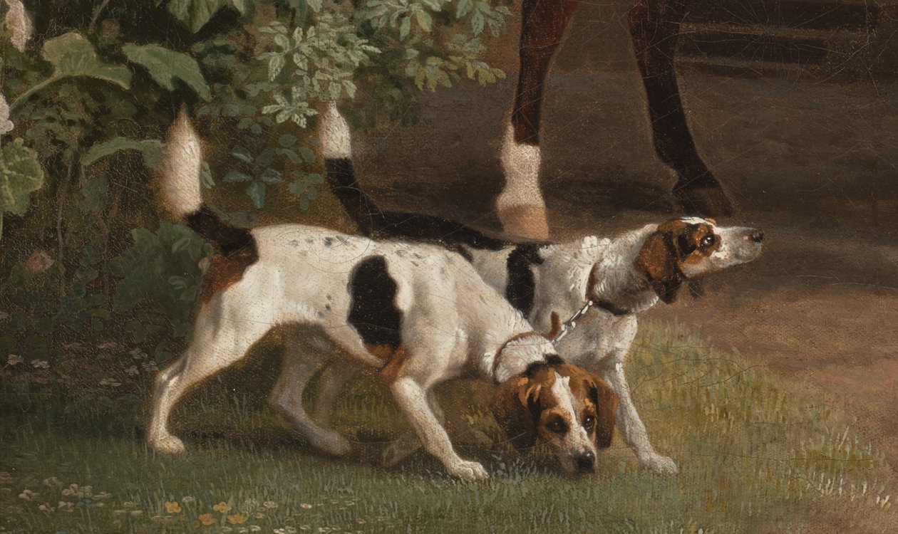 (Detail) William Henry Cavendish Bentinck, 3. Herzog von Portland vor den Reitställen der Welbeck Abbey, 1766-7 von George Stubbs