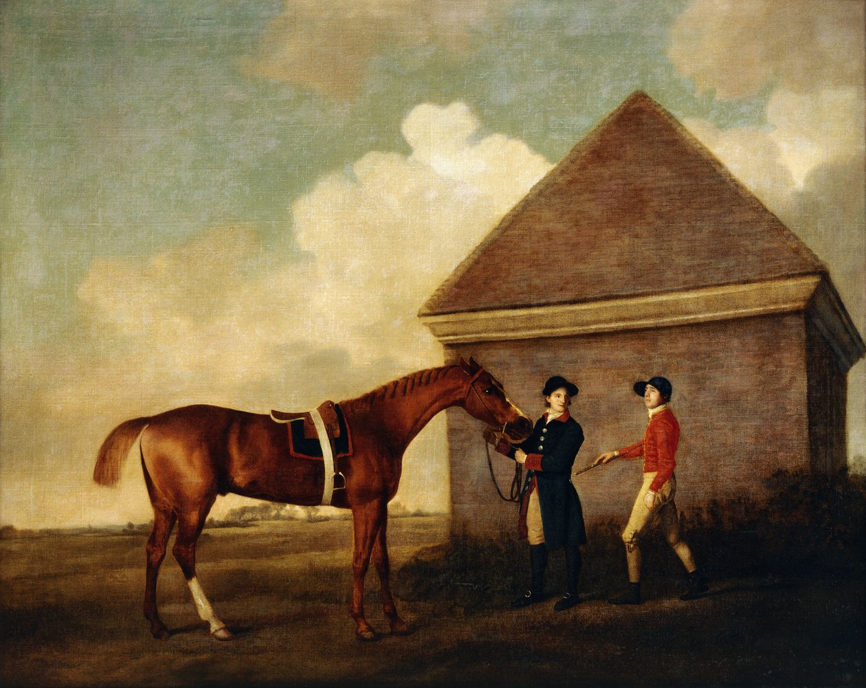 "Eclipse", ein dunkelbraunes Rennpferd, gehalten von einem Stallburschen, mit einem Jockey, möglicherweise Jack Oakley, beim Rubbing Down House in Newmarket, 1770 von George Stubbs