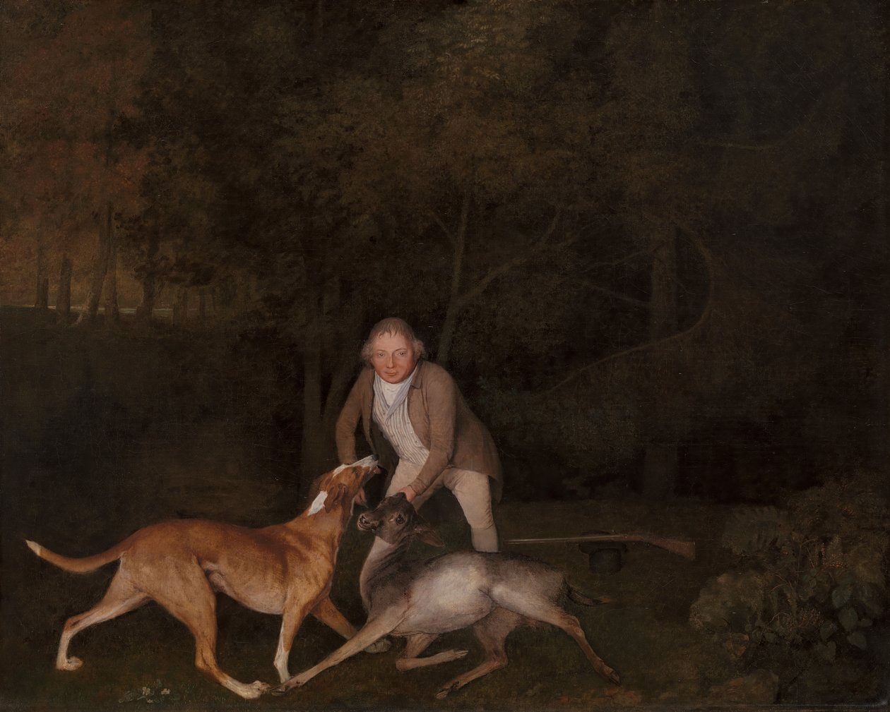 Freeman, der Wildhüter des Earl of Clarendon, mit einem sterbenden Reh und einem Hund, 1800 von George Stubbs
