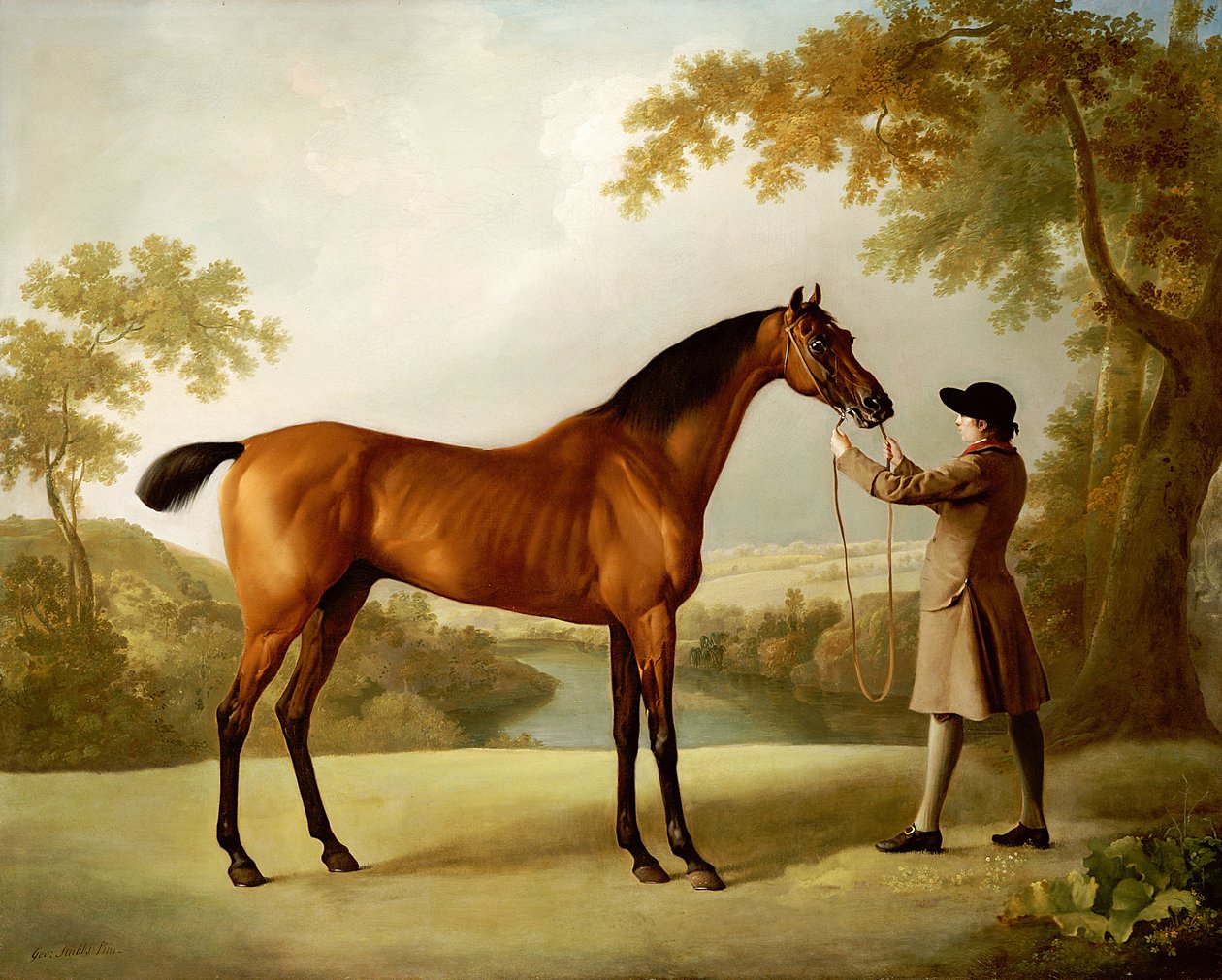 Tristram Shandy, ein braunes Rennpferd, gehalten von einem Stallburschen in einer weiten Landschaft, ca. 1760 von George Stubbs