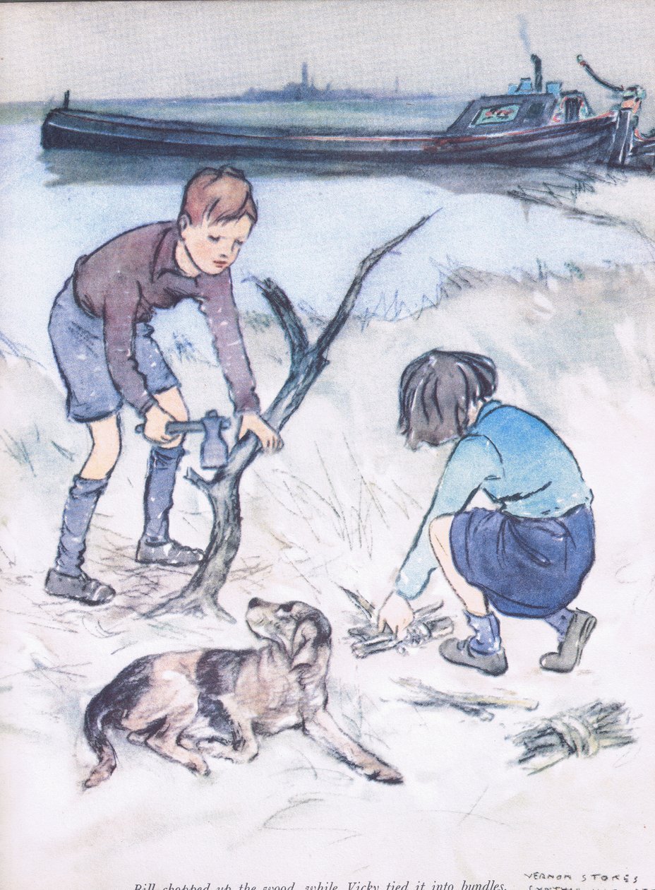 Bill hackte das Holz, während Vicky es zu Bündeln band, aus Mudlarks veröffentlicht von Collins von George Vernon Stokes