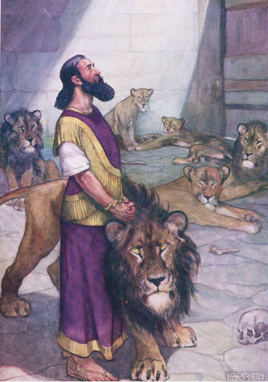 Daniel in der Löwengrube, aus Das Bibelbilderbuch, veröffentlicht von Thomas Nelson, um 1950 von George Vernon Stokes