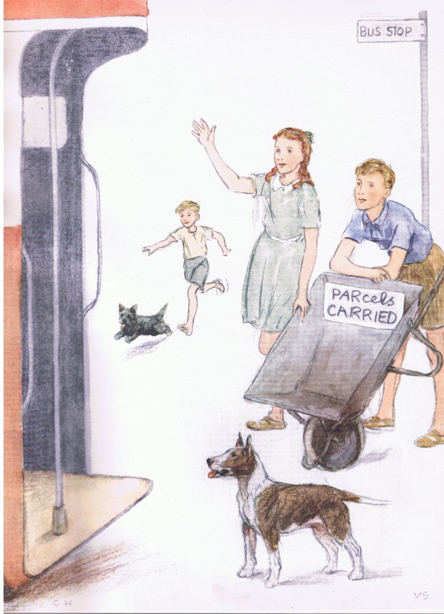 Als der Bus ankam, stand David mit dem gekippten Karren, sodass das Schild sichtbar war, aus Pets Limited veröffentlicht von Collins von George Vernon Stokes