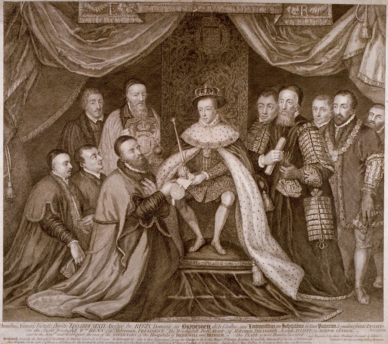 Edward VI unterzeichnet eine Charta, die Bridewell der Stadt London für ein Arbeitshaus übergibt von George Vertue