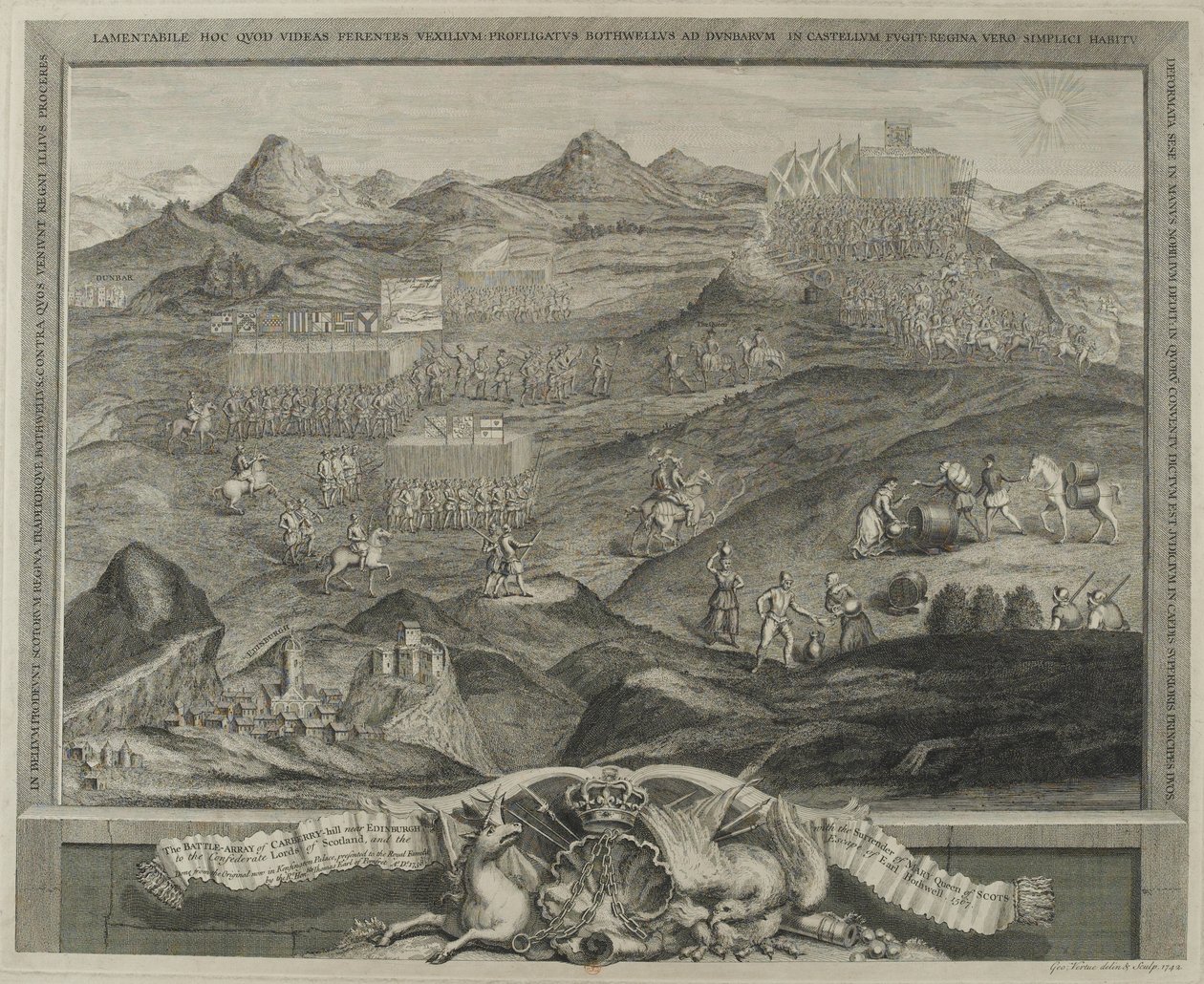 Die Schlachtordnung von Carberry Hill bei Edinburgh im Jahr 1567, ca. 1738 von George Vertue