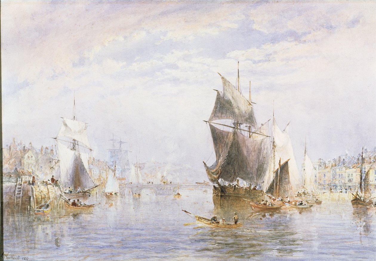 Kleine Boote auf dem Fluss bei Whitby Bridge, 1877 von George Weatherill