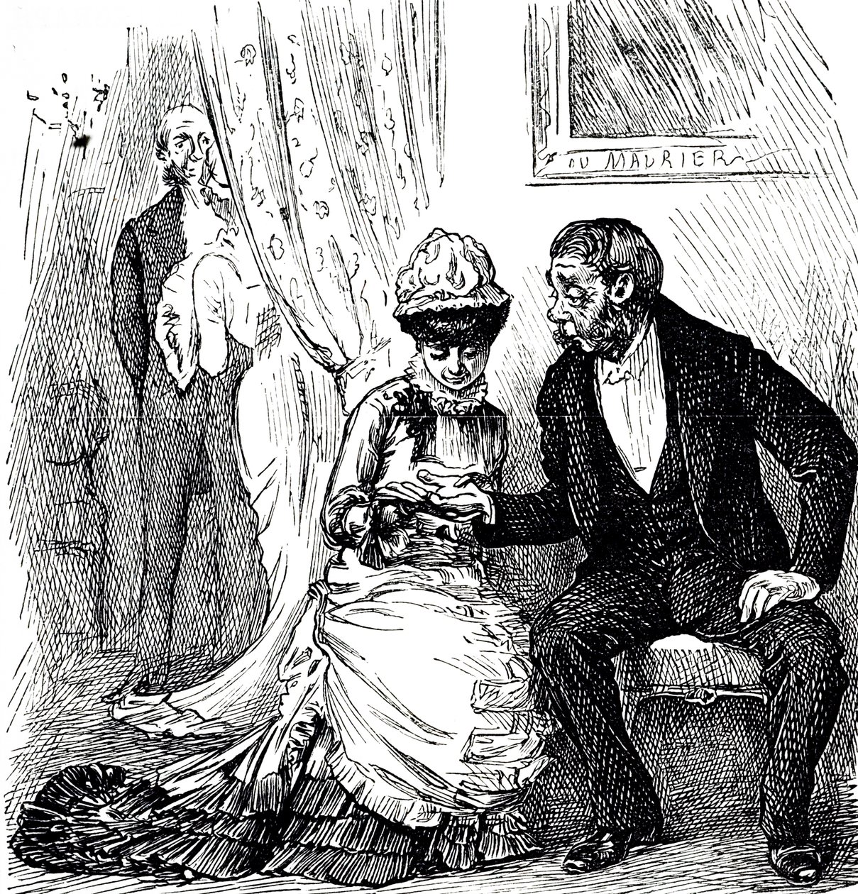 Eine Karikatur, die die Beliebtheit der Handlesekunst unter den Reichen kommentiert. Illustriert von George du Maurier (1834-1896), ein franco-britischer Karikaturist und Autor von George du Maurier