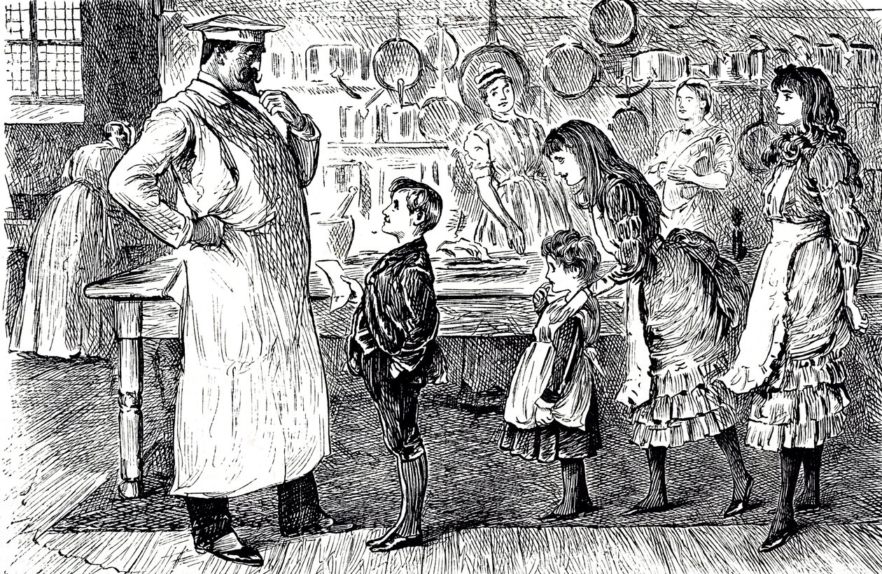 Eine Karikatur, die einen Koch zeigt, der die Bestellungen der Kinder des Hauses entgegennimmt. Illustriert von George du Maurier (1834-1896), einem franco-britischen Karikaturisten und Autor von George du Maurier