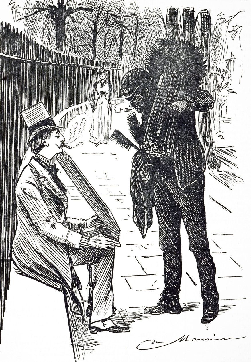 Eine Karikatur, die einen Schornsteinfeger zeigt, der seine Bürsten durch die Straßen Londons trägt. Illustriert von George du Maurier (1834-1896), ein franco-britischer Karikaturist und Autor von George du Maurier