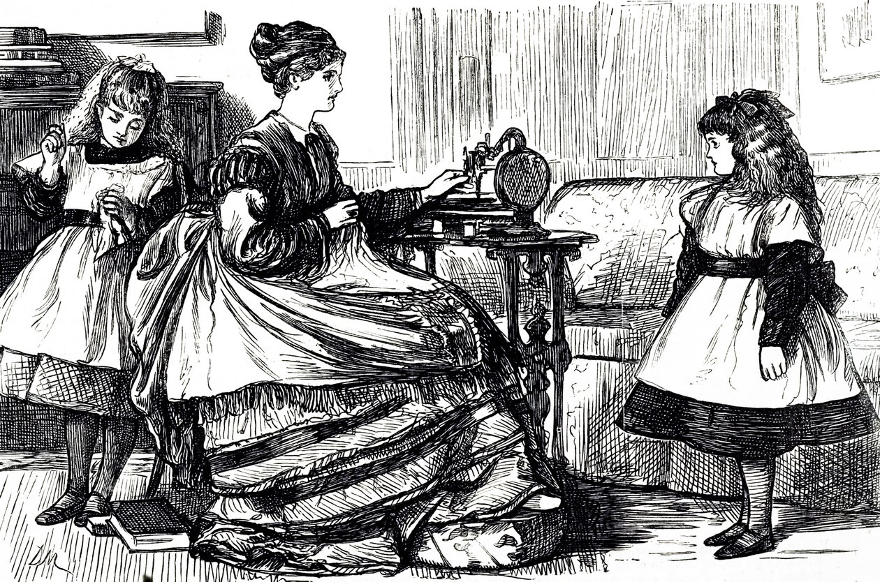 Eine Karikatur, die eine junge Mutter zeigt, die eine Nähmaschine benutzt. Illustriert von George du Maurier (1834-1896), einem franco-britischen Karikaturisten und Autor von George du Maurier