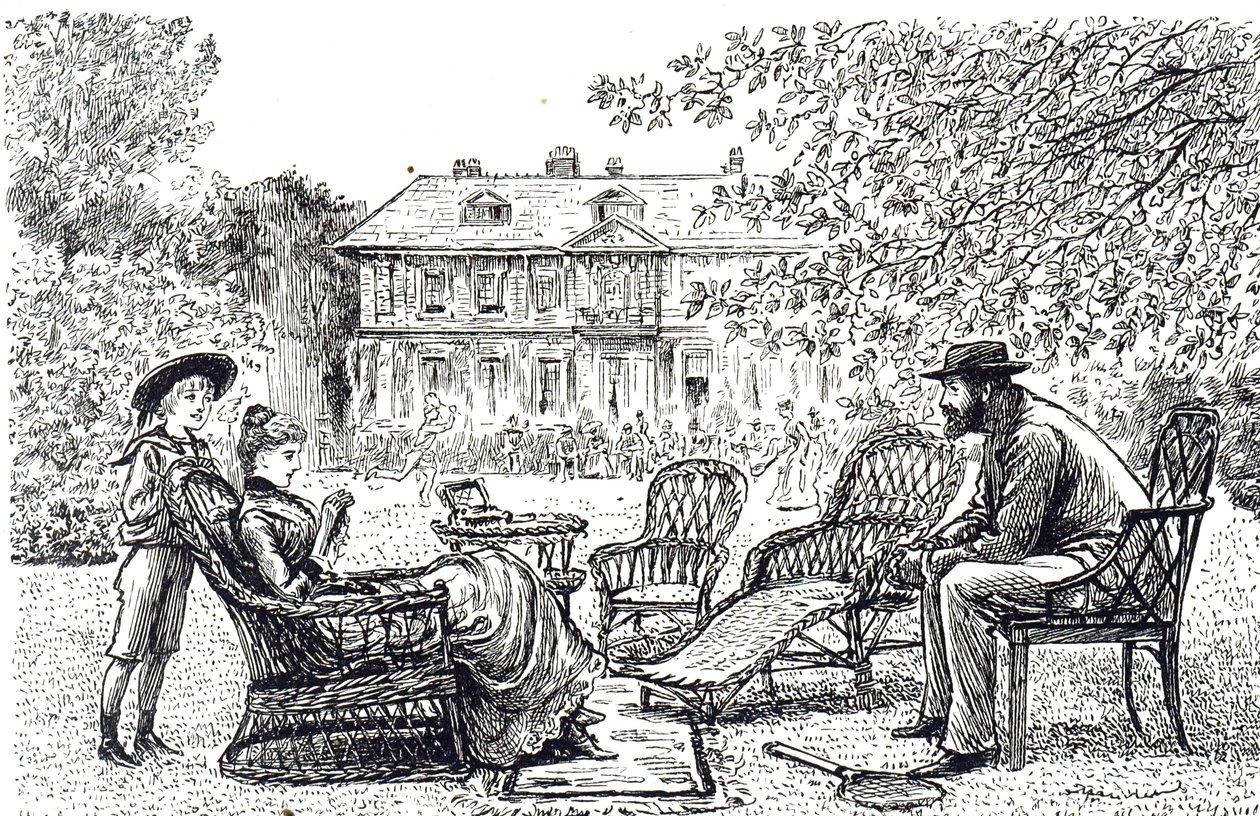 Eine Gravur, die typische Korbmöbel darstellt. Illustriert von George du Maurier von George du Maurier