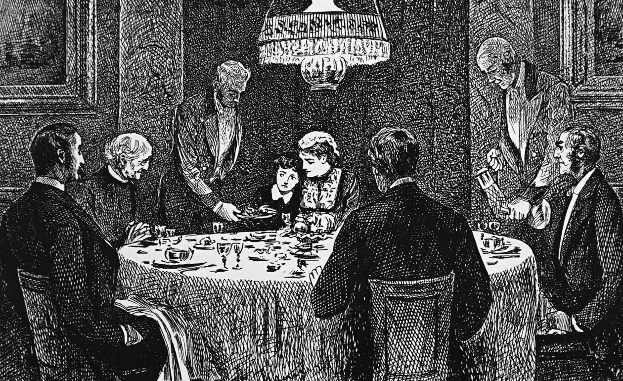 Eine Oberschichtfamilie am Tisch von George du Maurier
