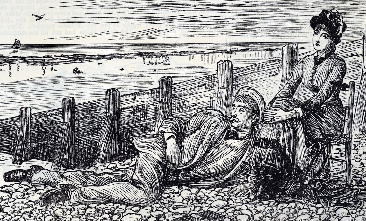 Karikatur, die ein Paar zeigt, das seine Flitterwochen an einem Kieselstrand genießt von George du Maurier