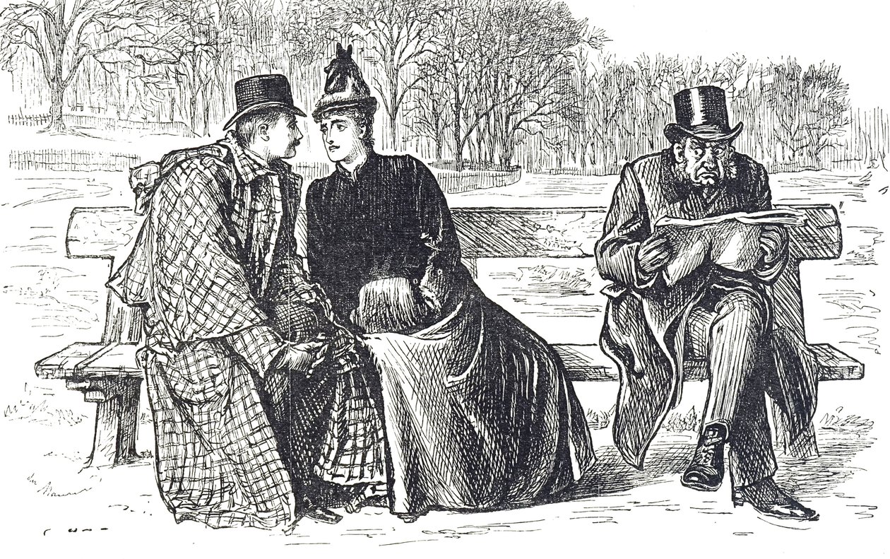 Karikatur, die ein Paar zeigt, das auf einer Parkbank Zärtlichkeiten austauscht, während der Mann neben ihnen missbilligend zusieht von George du Maurier