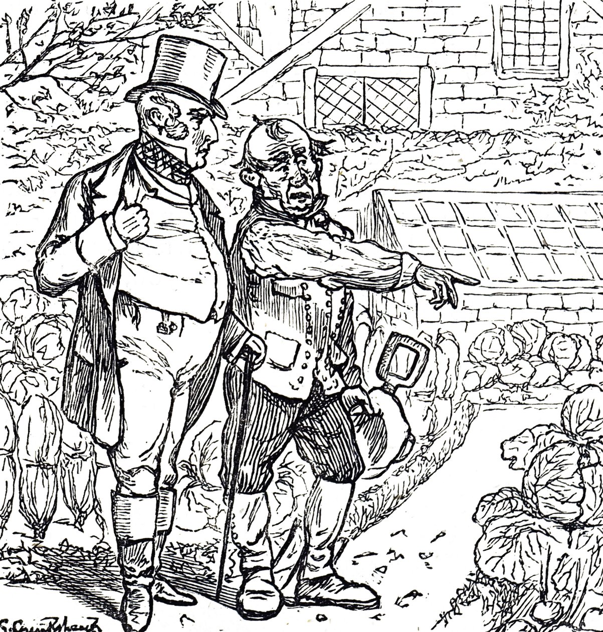 Karikatur, die einen Gentleman mit dem Gärtner im Gemüsegarten zeigt von George du Maurier
