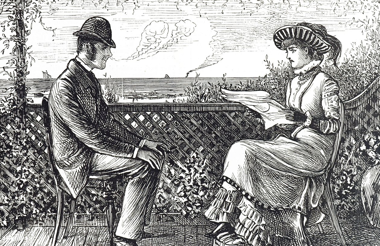 Karikatur, die einen Ehemann und eine Ehefrau zeigt - der Ehemann ist für die Schulden seiner Frau verantwortlich, es sei denn, er veröffentlicht einen Widerruf seiner Verantwortlichkeiten von George du Maurier