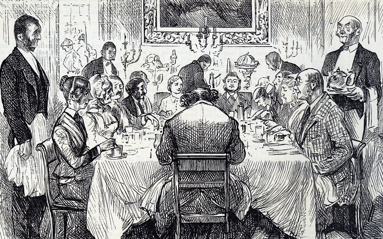 Karikatur, die einen eleganten Abend in einem viktorianischen Zuhause zeigt von George du Maurier