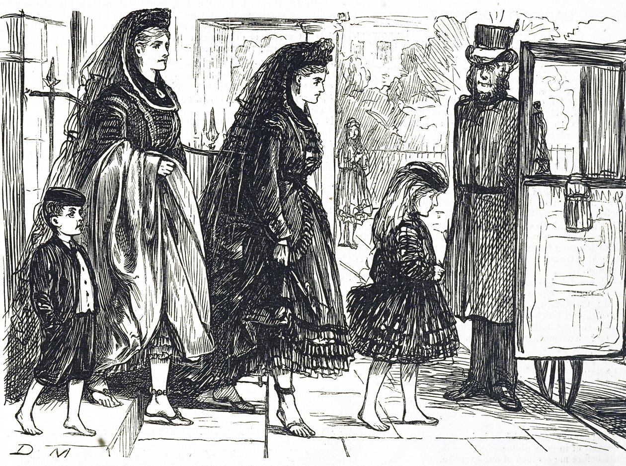Karikatur, die Menschen zeigt, die natürliche Schuhe tragen, um deformierte Füße zu vermeiden von George du Maurier