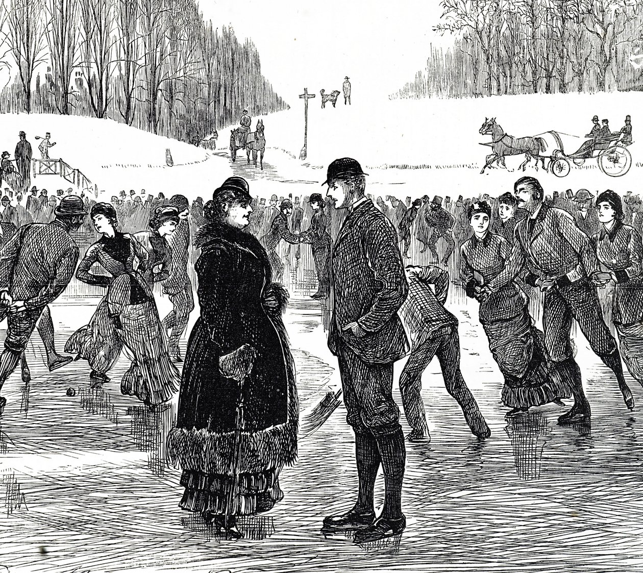 Gravur, die ein mittelaltes Paar beim Eislaufen zeigt von George du Maurier