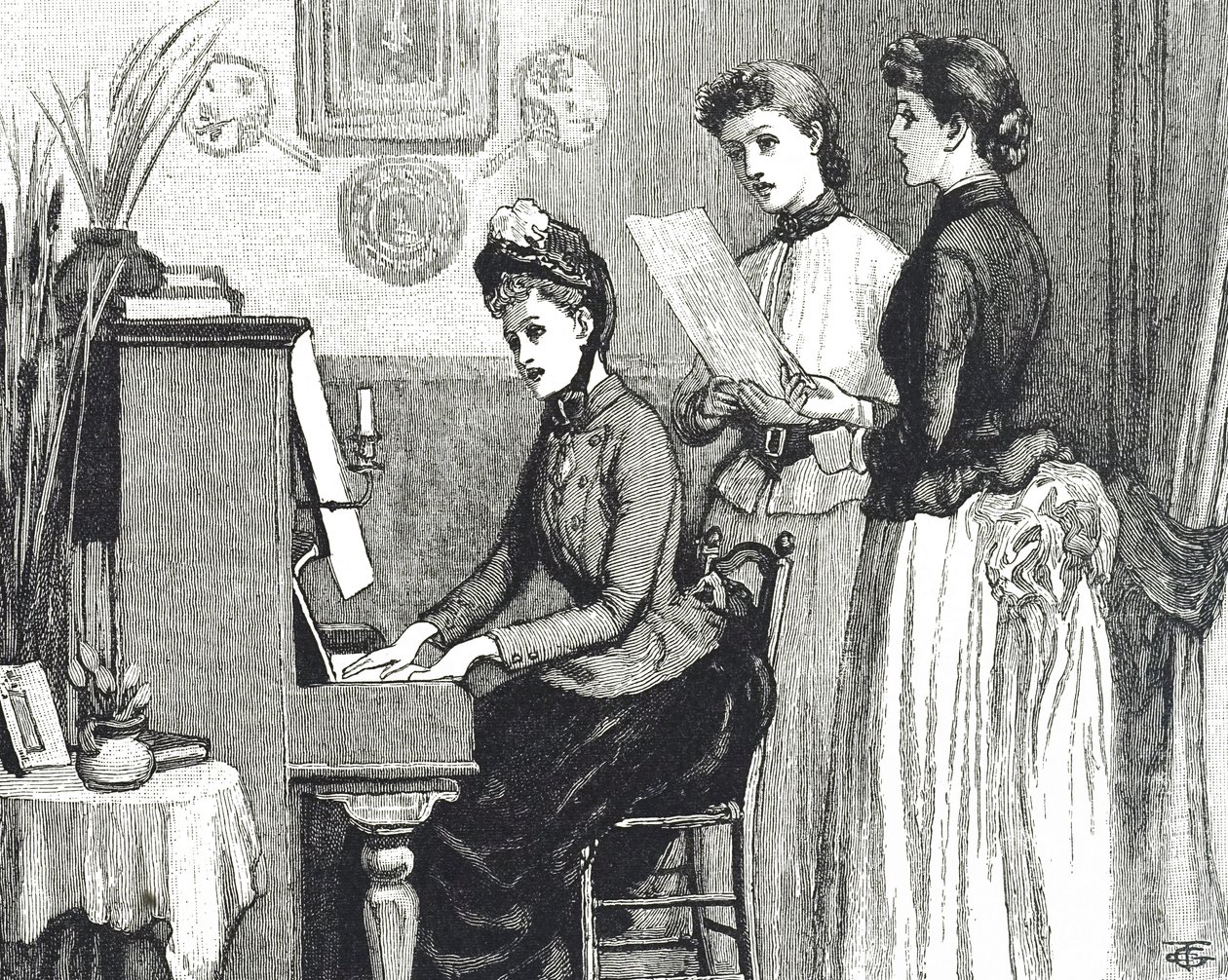 Gravur von jungen Damen, die im Salon singen von George du Maurier