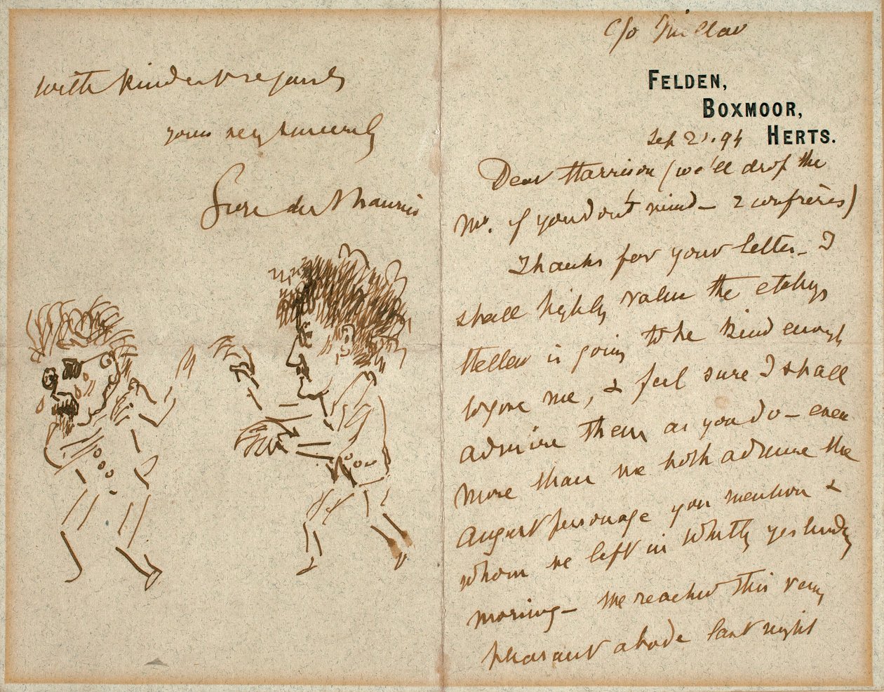 Brief mit Zeichnung von Whistler, der Du Maurier bedroht von George du Maurier
