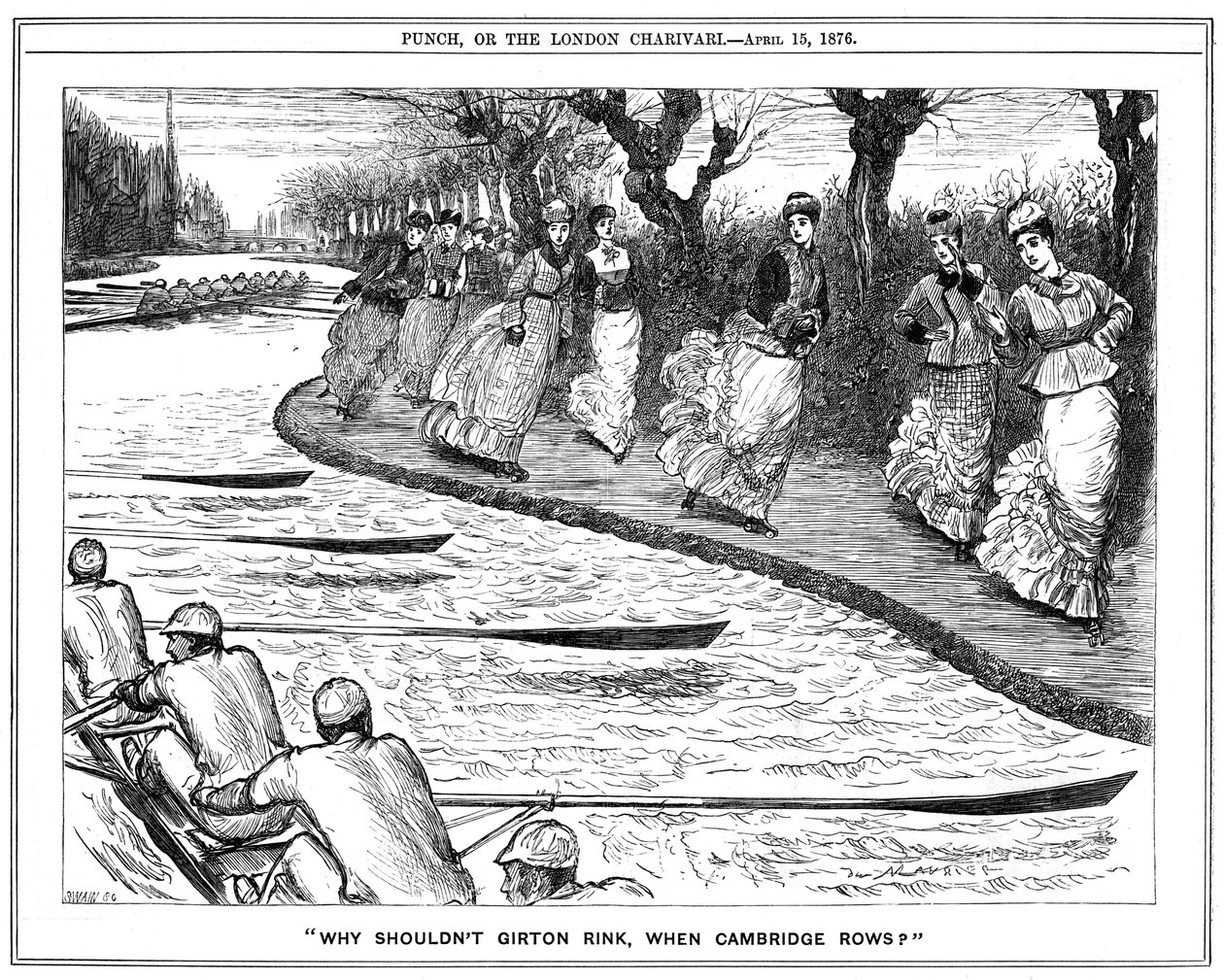 Rollschuhlaufen sehr in Mode. Studentinnen von Girton auf dem Treidelpfad winken den Ruderern auf dem Fluss zu. George du Maurier Karikatur aus Punch, London von George du Maurier