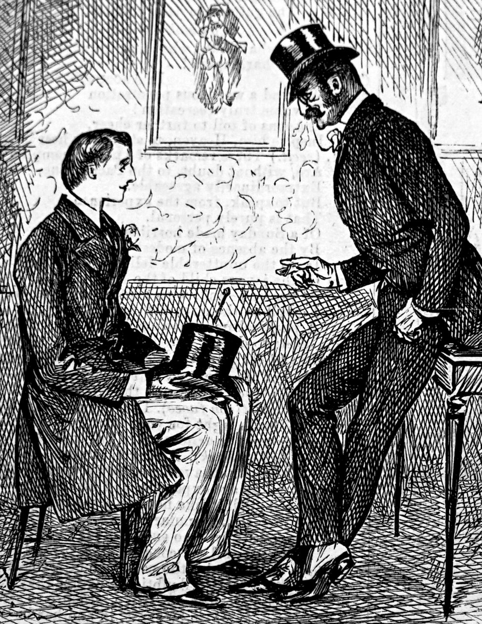 Zwei Herren rauchen eine Zigarre und unterhalten sich nach dem Abendessen von George du Maurier