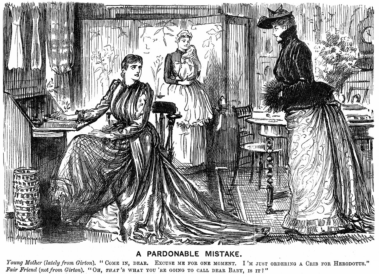 Universitätsbildung für Frauen macht ihre Gespräche verwirrend für ihre weniger gebildeten Freunde. George du Maurier Karikatur aus Punch, London, 7. Dezember 1889. Gravur von George du Maurier