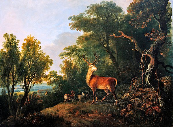 Ein Hirsch und drei Hirschkühe in einer bewaldeten Landschaft von George the Elder Barret