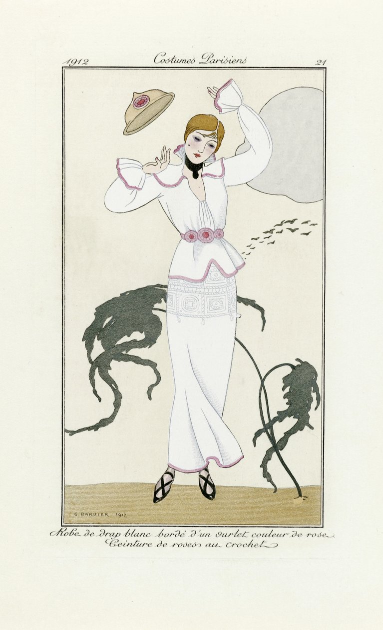Entwurf für weißes Kleid mit rosa Besatz und Häkelgürtel, aus Costumes Parisien, veröffentlicht 1912 von Georges Barbier