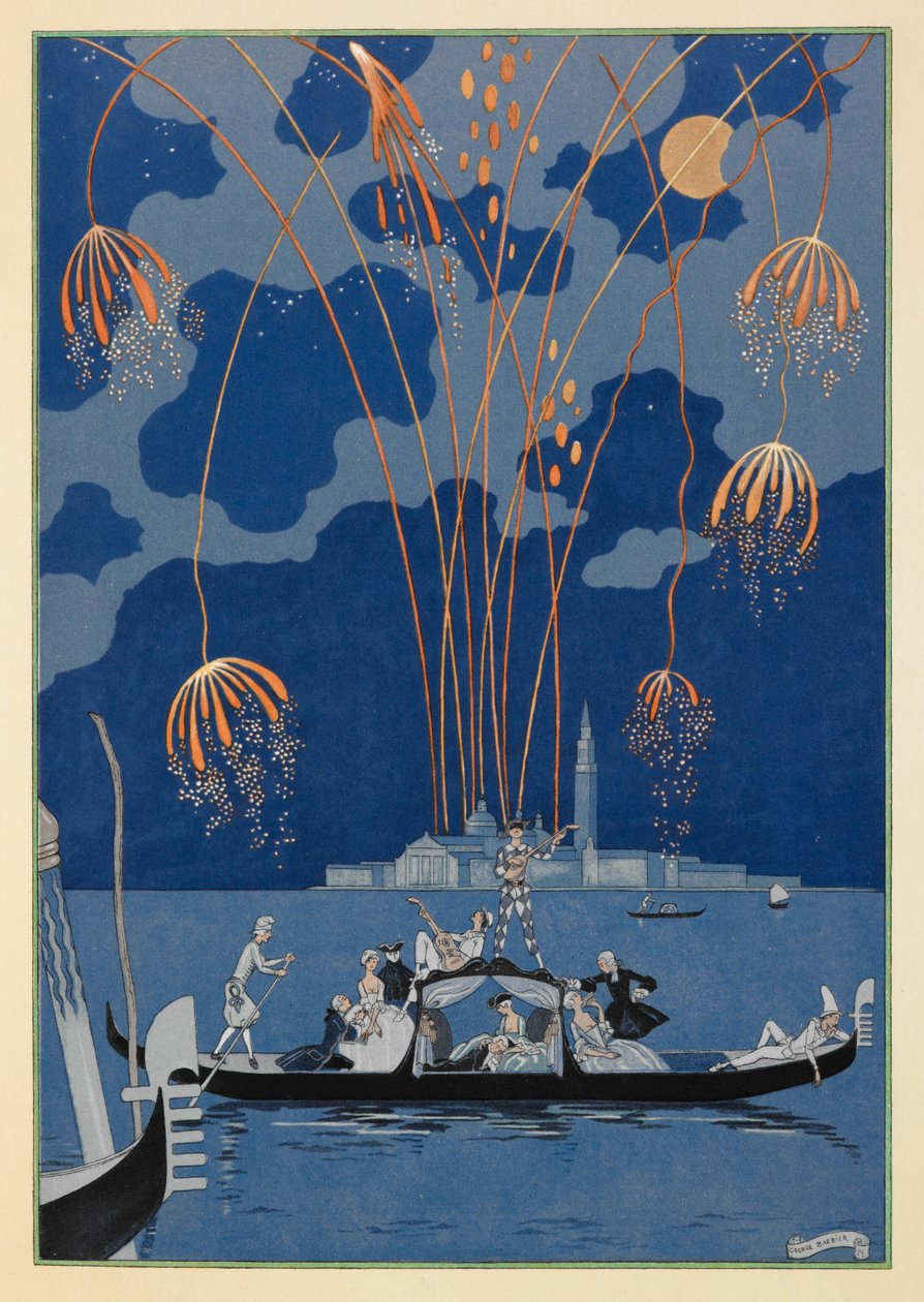 Im Boot. Feuerwerk in Venedig. Menschen in einer Gondel von Georges Barbier