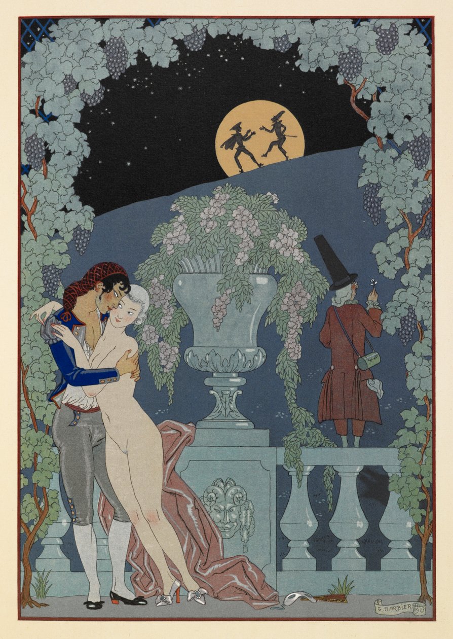 Fantoches. (Marionetten) aus Debussys Fêtes Galantes, Scaramouche und Pulcinelle. Ein Mann umarmt eine nackte Frau. Zwei Figuren im Silhouette gegen den Mond. von Georges Barbier