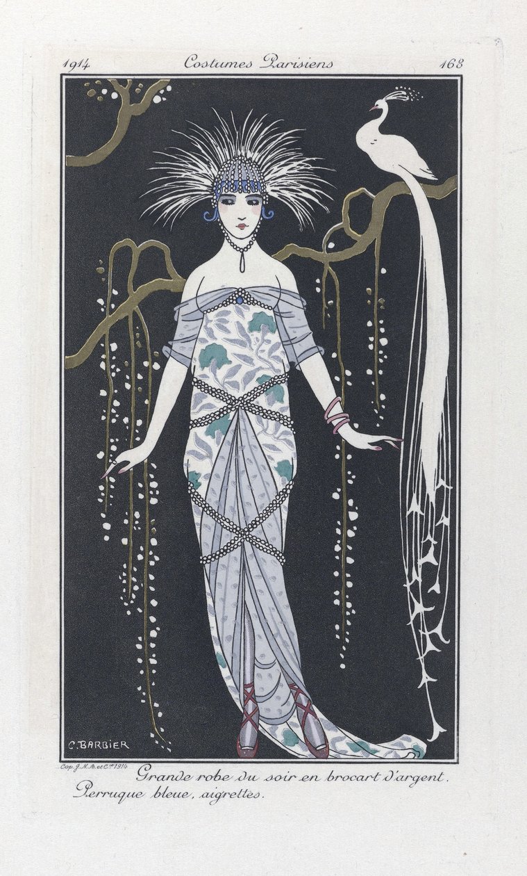 Großes Abendkleid aus Silberbrokat. Blaue Perücke, Federn, aus Costumes Parisiens, veröffentlicht 1914 von Georges Barbier