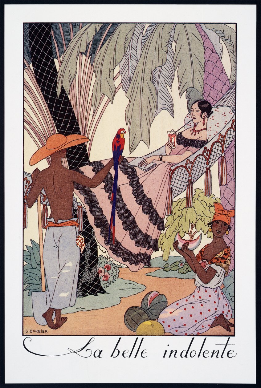 La Belle Indolente, Lithographie von George Barbier (1882-1932), aus Falbalas et Fanfreluches, Almanach des Modes Presentes, Passees et Futures, Frankreich, 20. Jahrhundert von Georges Barbier
