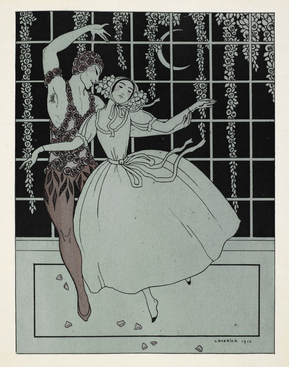 "Le Spectre de la Rose". Das Bild trägt den Namen des Balletts der Ballets Russes, basierend auf einem Gedicht von Théophile Gautier. Die Tänzer der Originalaufführung waren Vaslav Nijinsky als die Rose und Tamara Karsavina als das Mädchen, und sind beim T von Georges Barbier