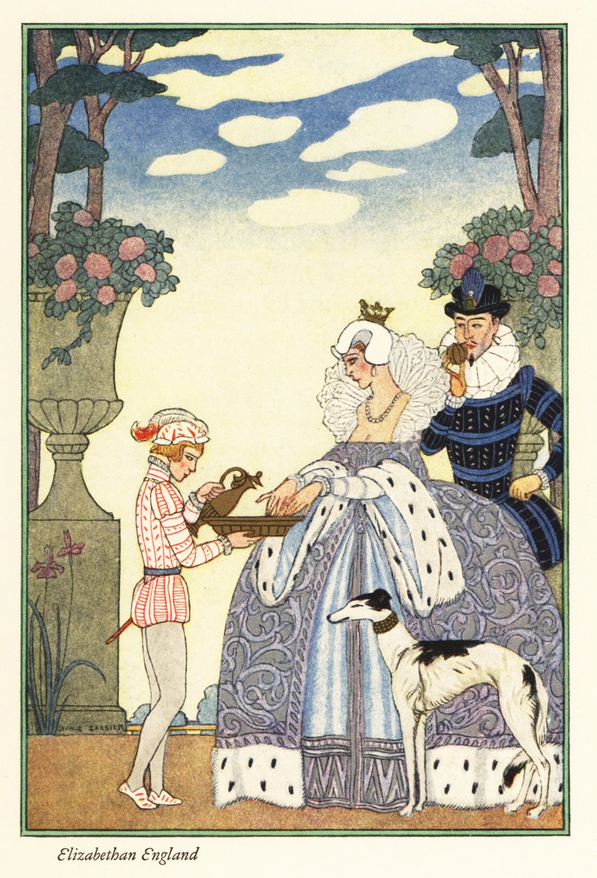 Königin Elisabeth wäscht ihre Hände in einer Schüssel, die von ihrem Pagen gehalten wird. 1928 (Druck) von Georges Barbier