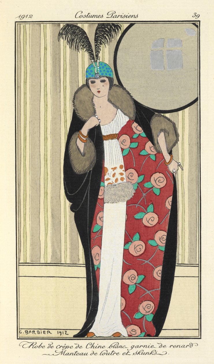 Kleid aus weißem Crêpe de Chine verziert mit Fuchs. Mantel aus Otter und Stinktier von Georges Barbier