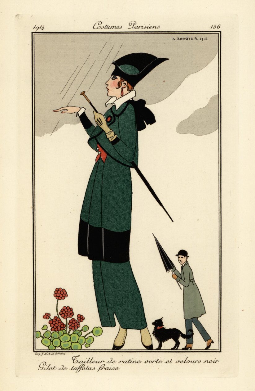 Frau im grünen Ratine- und schwarzen Samtanzug von Georges Barbier