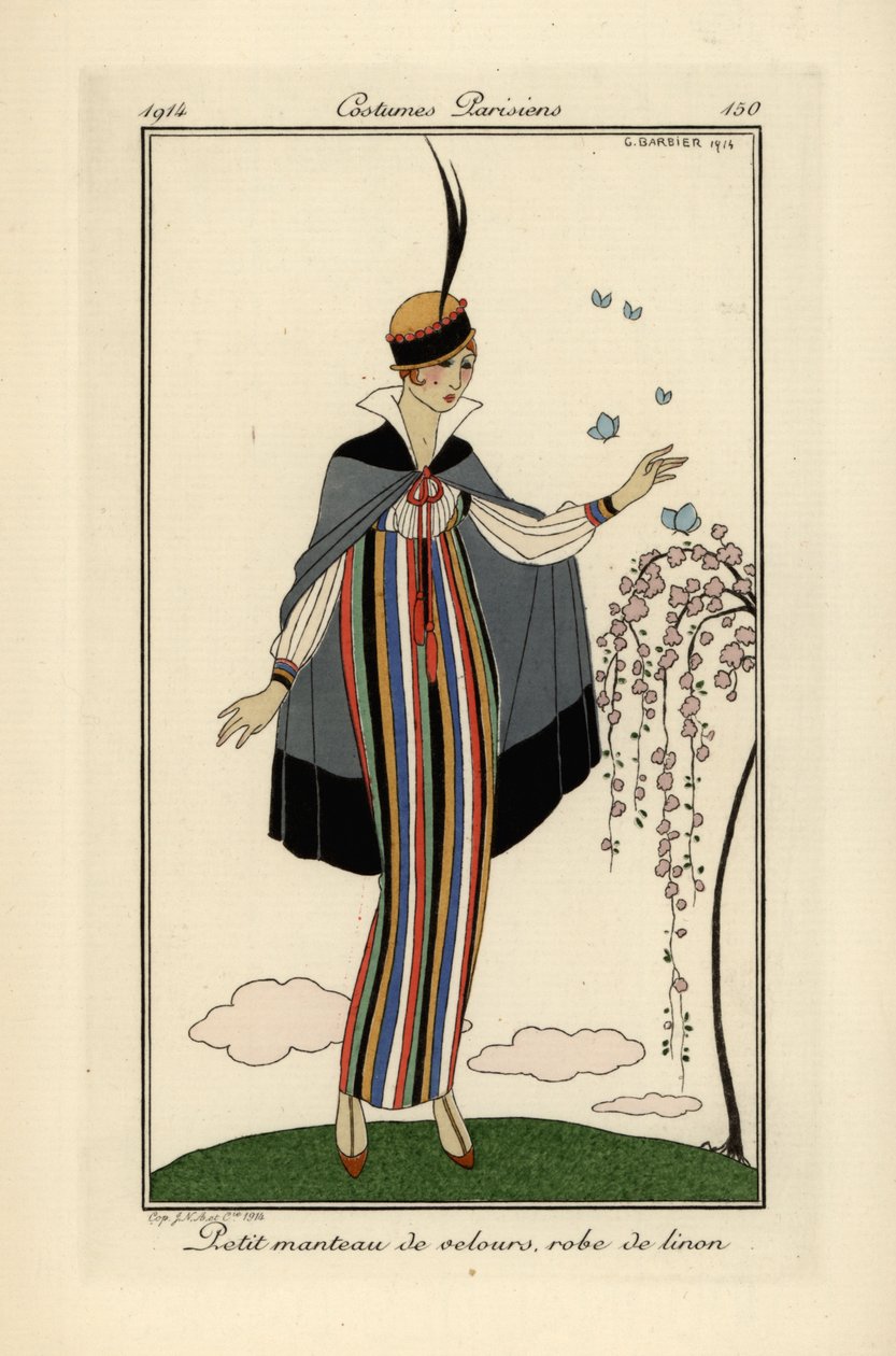Frau in gestreiftem Leinenkleid mit kurzem Samtmantel von Georges Barbier