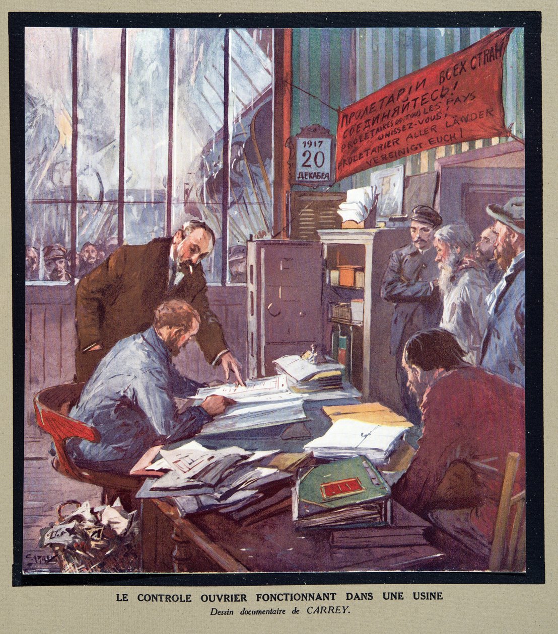 Arbeiterkontrolle in einer sowjetischen Fabrik zur Zeit der Revolution 1917, aus Histoire des Soviets, veröffentlicht 1922 von Georges Carrey