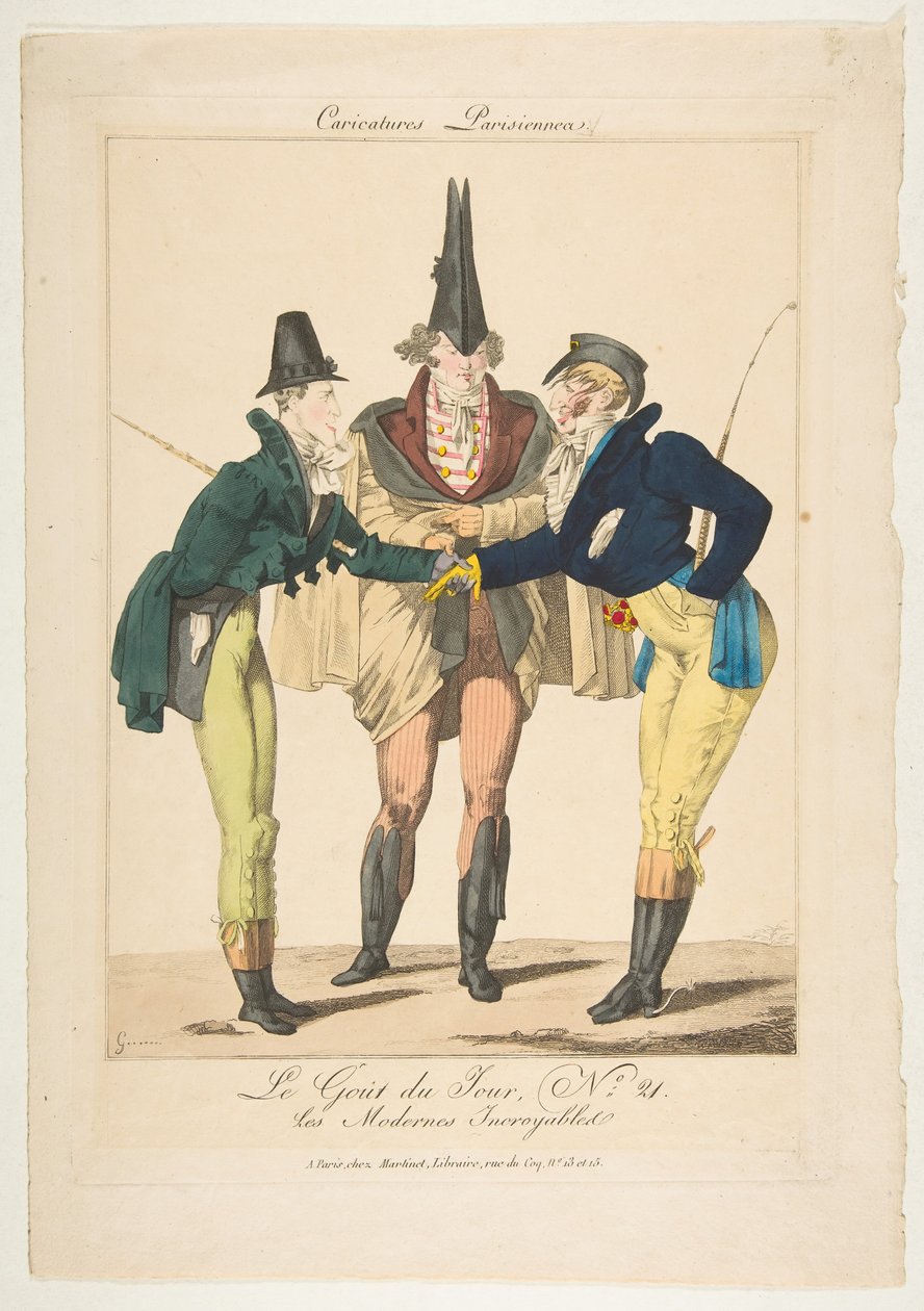 Le Goût du Jour, Nr. 21: Les Modernes Incroyables, aus Pariser Karikaturen, ca. 1815 von Georges Jacques Gatine