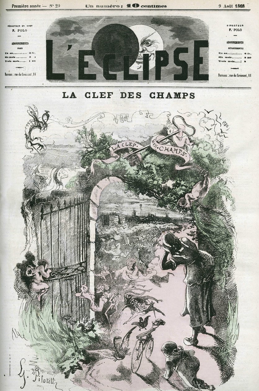 Der Schlüssel zu den Feldern, Illustration von Pilotel, ersetzt Gills Zeichnung „Gerechtigkeit und Rache verfolgen das Verbrechen“, Zensur durch die Polizei. Titelbild in „L