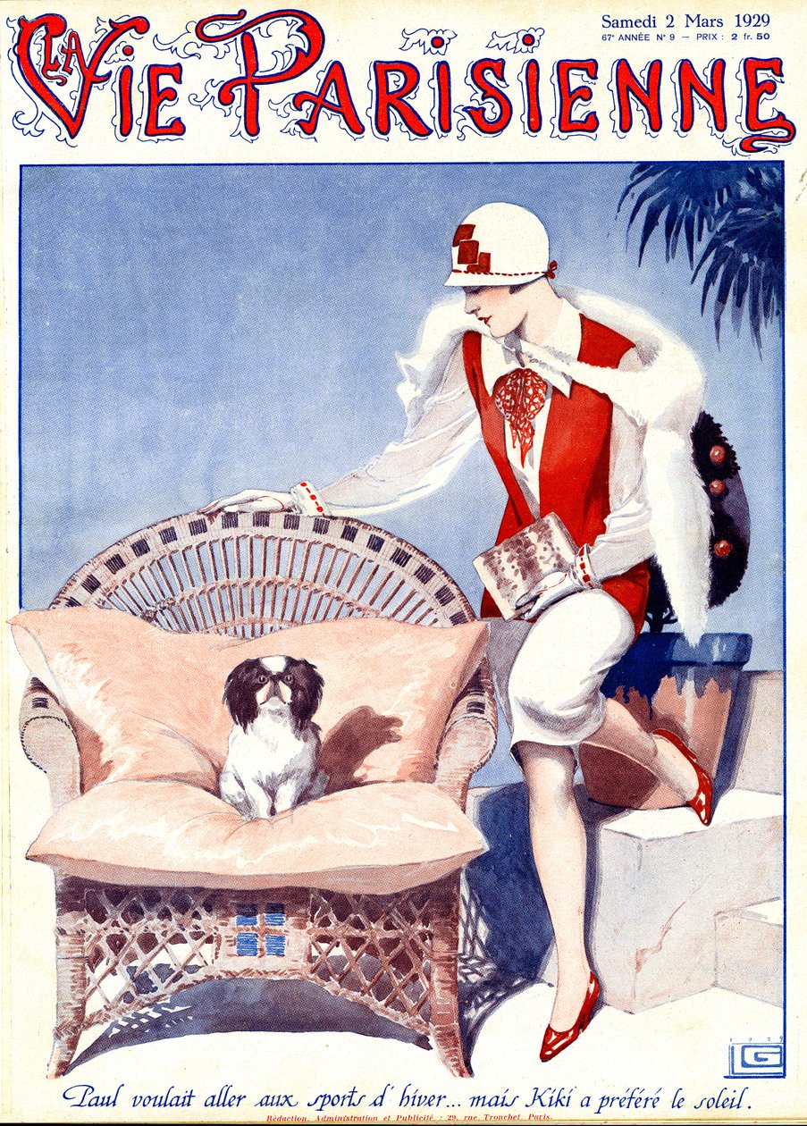 Paul wollte Skifahren... aber Kiki bevorzugt den Sonnenschein - Illustration aus La Vie Parisienne von Georges Leonnec