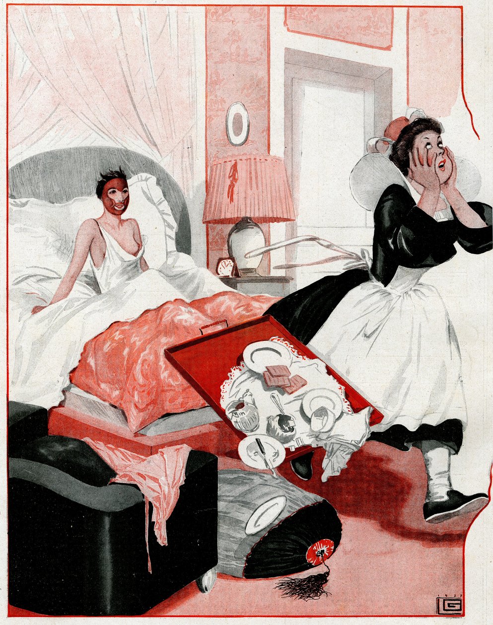 Die sogenannte Schönheitsmaske und das neue Dienstmädchen - Mein Gott! - Illustration aus La Vie Parisienne von Georges Leonnec