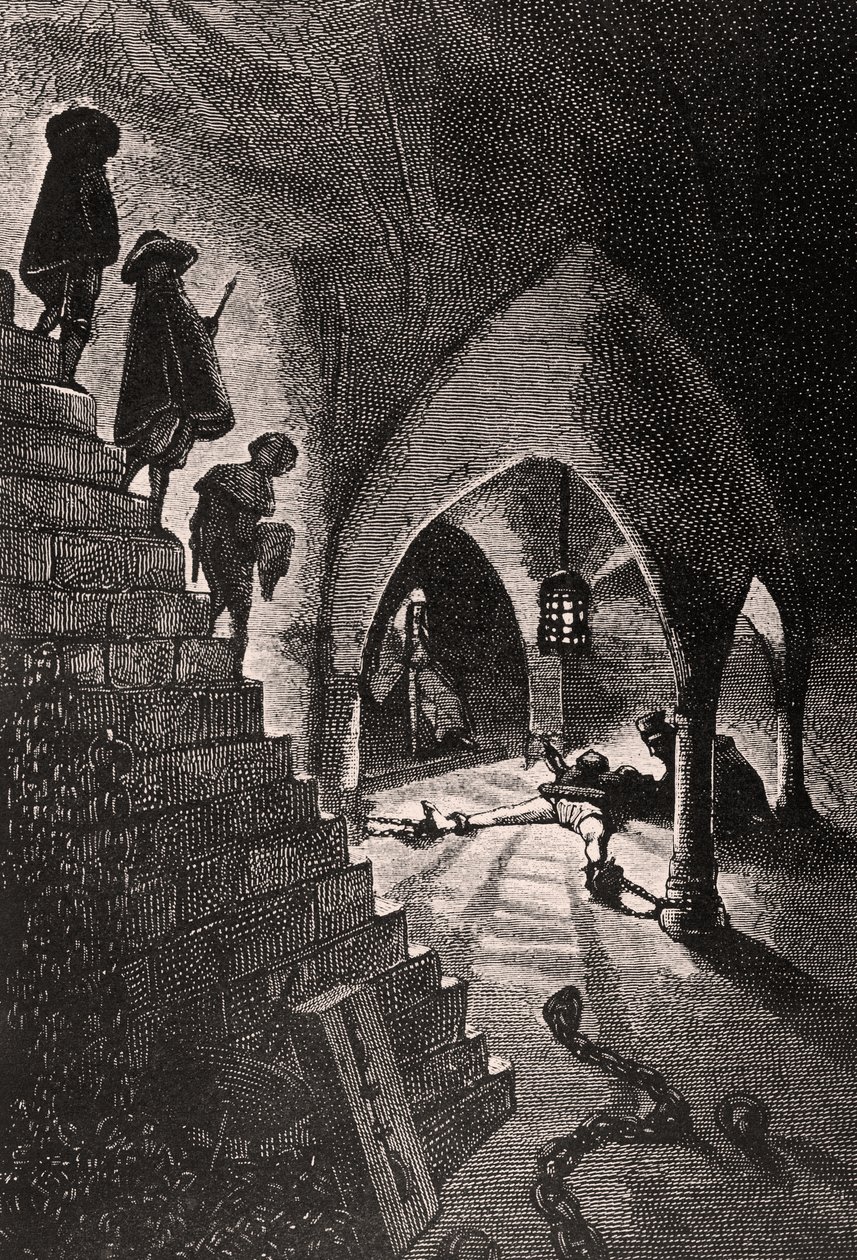 La Cave Pénale - Illustration aus L’Homme qui rit, 19. Jahrhundert von Georges Marie Rochegrosse