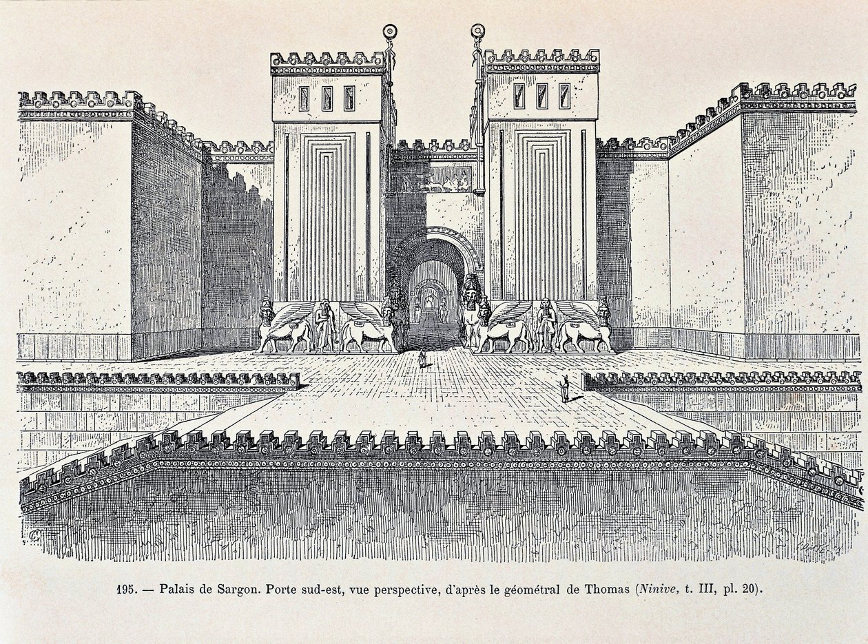 Rekonstruktion des südöstlichen Tores des Palastes von Sargon in Dur-Sharrukin (Radierung) von Georges and Chipiez Charles Perrot