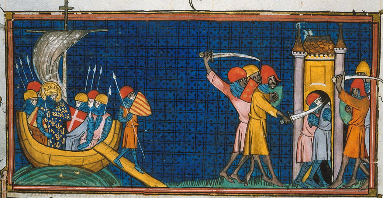 Ludwig IX. landet in Tunis, und Franzosen werden von Sarazenen im Turm abgeschnitten, aus Chroniques de France ou de St Denis, 14. Jahrhundert von Georgia Levan Ramishvili from Tbilisi